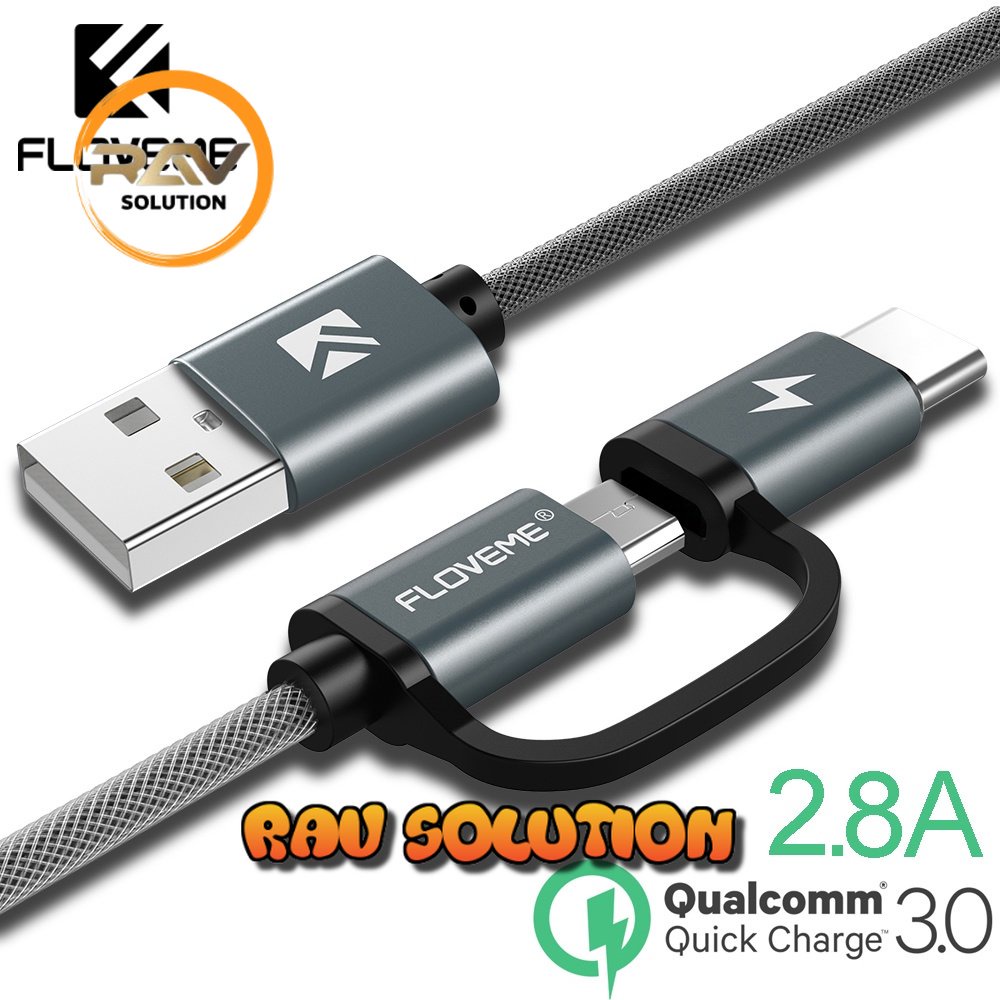 Floveme Kabel Charger 2 in 1 Micro USB + USB Type C QC3.0 2.8A 100cm - SET A RAV SOLUTION