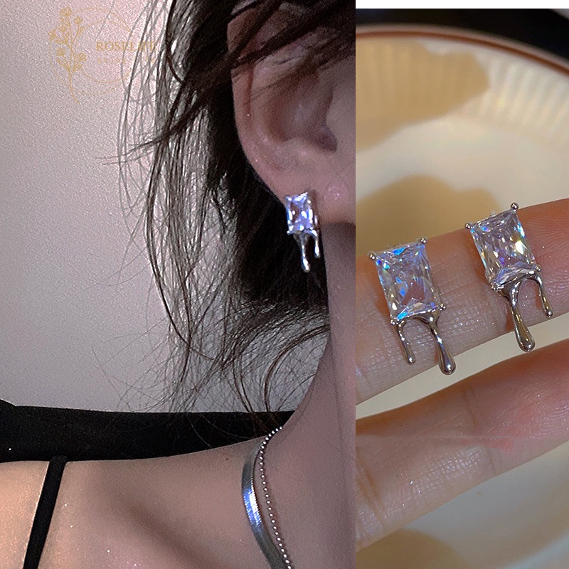 Roselife Keren Fashion Berkilauan Persegi Berlian Imitasi Stud Anting Untuk Wanita Perempuan Zirkon Anting Elegan Telinga Perhiasan