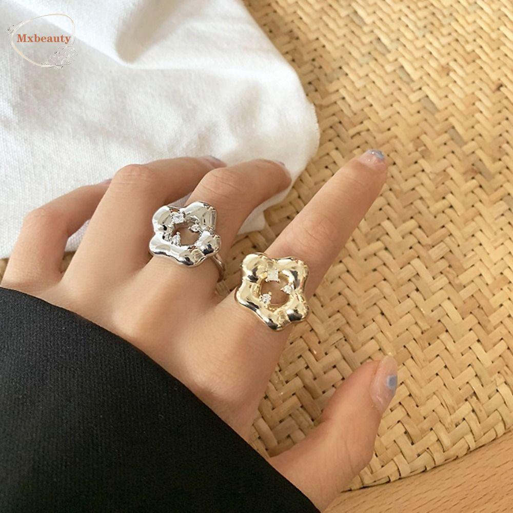 Mxbeauty Cincin Gaya Korea Berongga Pembukaan Kepribadian Berkilau Pentagram Perak Disepuh Perhiasan Wanita