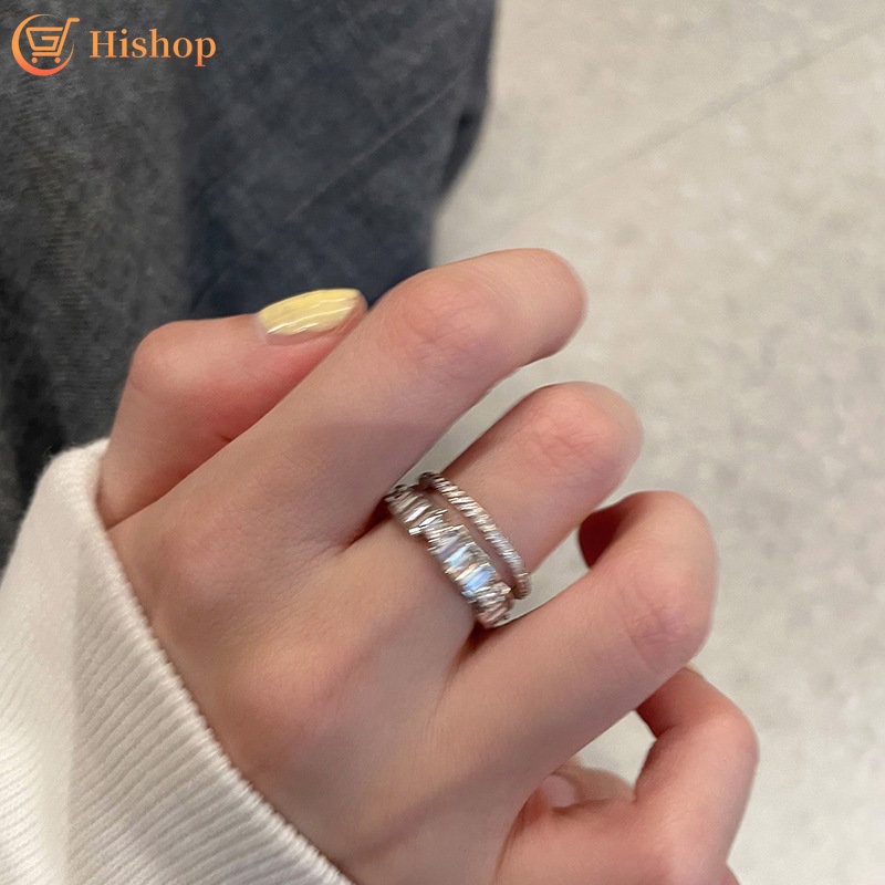 Cincin Perak Mengkilap Geometri Ganda Zircon Rings Untuk Perhiasan Wanita Aksesoris Fashion