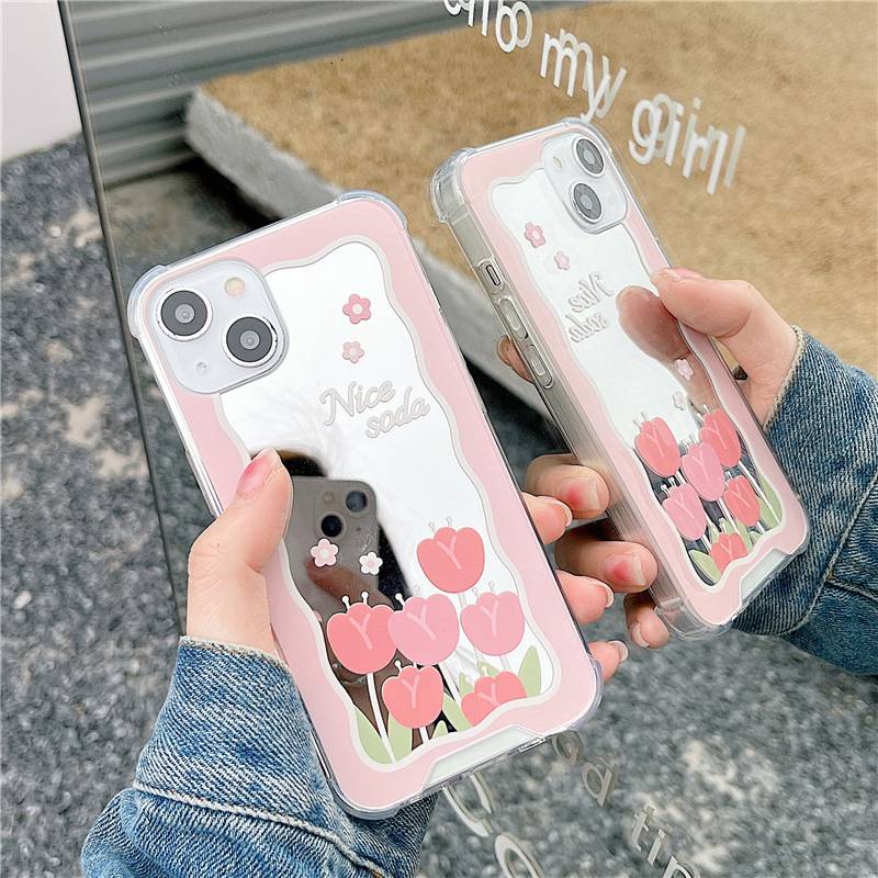 [Anti Jatuh Cermin] Pretty Makeup Silikon Soft Case IPhone 6S 7 8 Plus X XR XS Max IPhone 11 12 13 14 Pro Max 14 Plus 7+8+12 13 mini Wanita Cewek Pretty Nice Soda Bunga Tulip