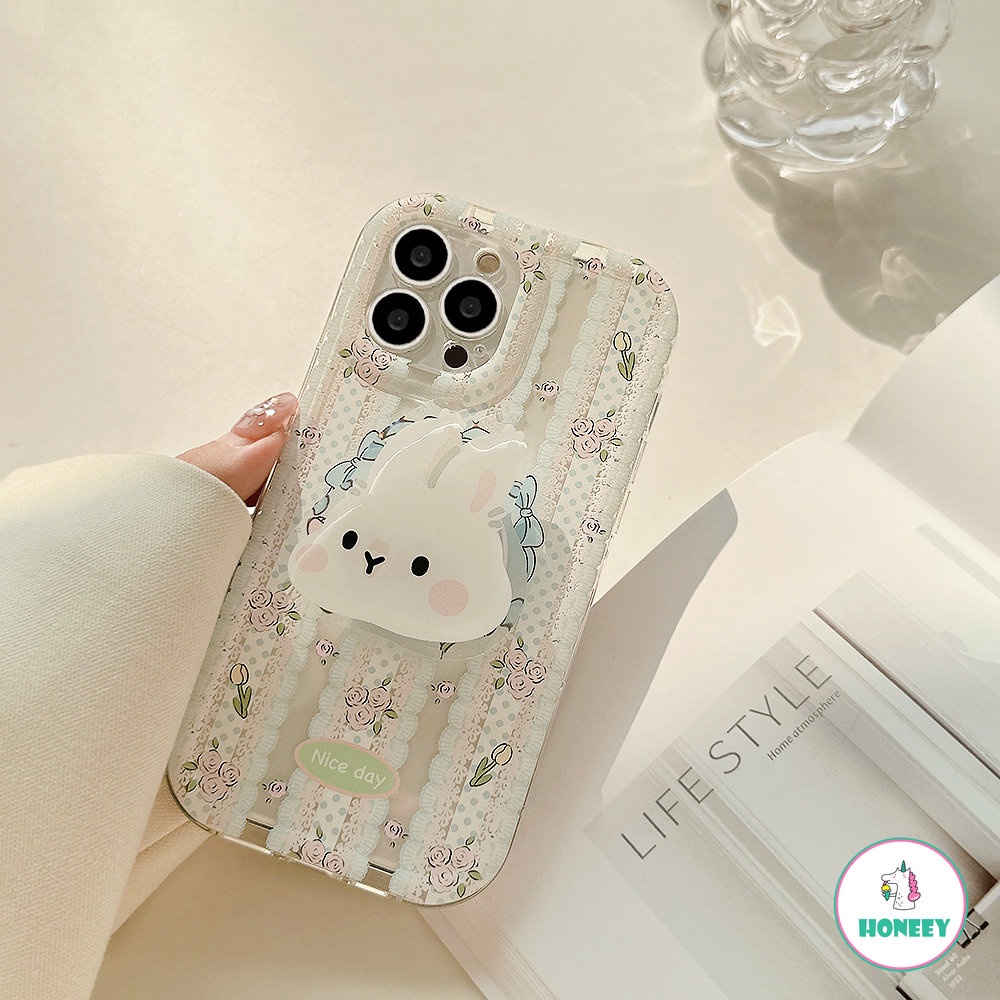 IPHONE Bunga Lucu Renda Kelinci Kelinci Putih Bracket Soft Phone Case Untuk Iphone14 12 11 13 Pro Max14 Plus Pelindung Penutup Belakang