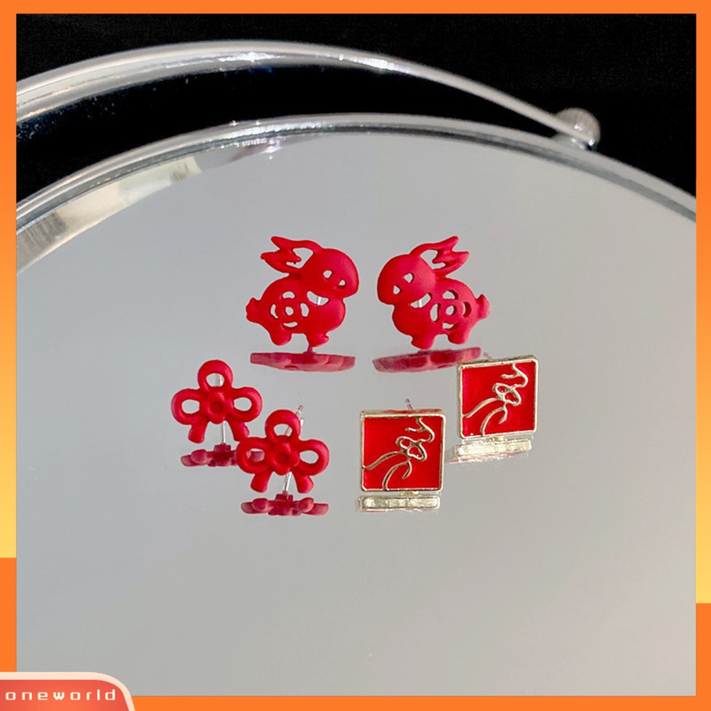 [EONE] 3pasang Anting Wanita Anting Telinga Merah Manis Dekorasi Gaya China Kartun Kelinci Anting Tusuk Untuk Pacaran