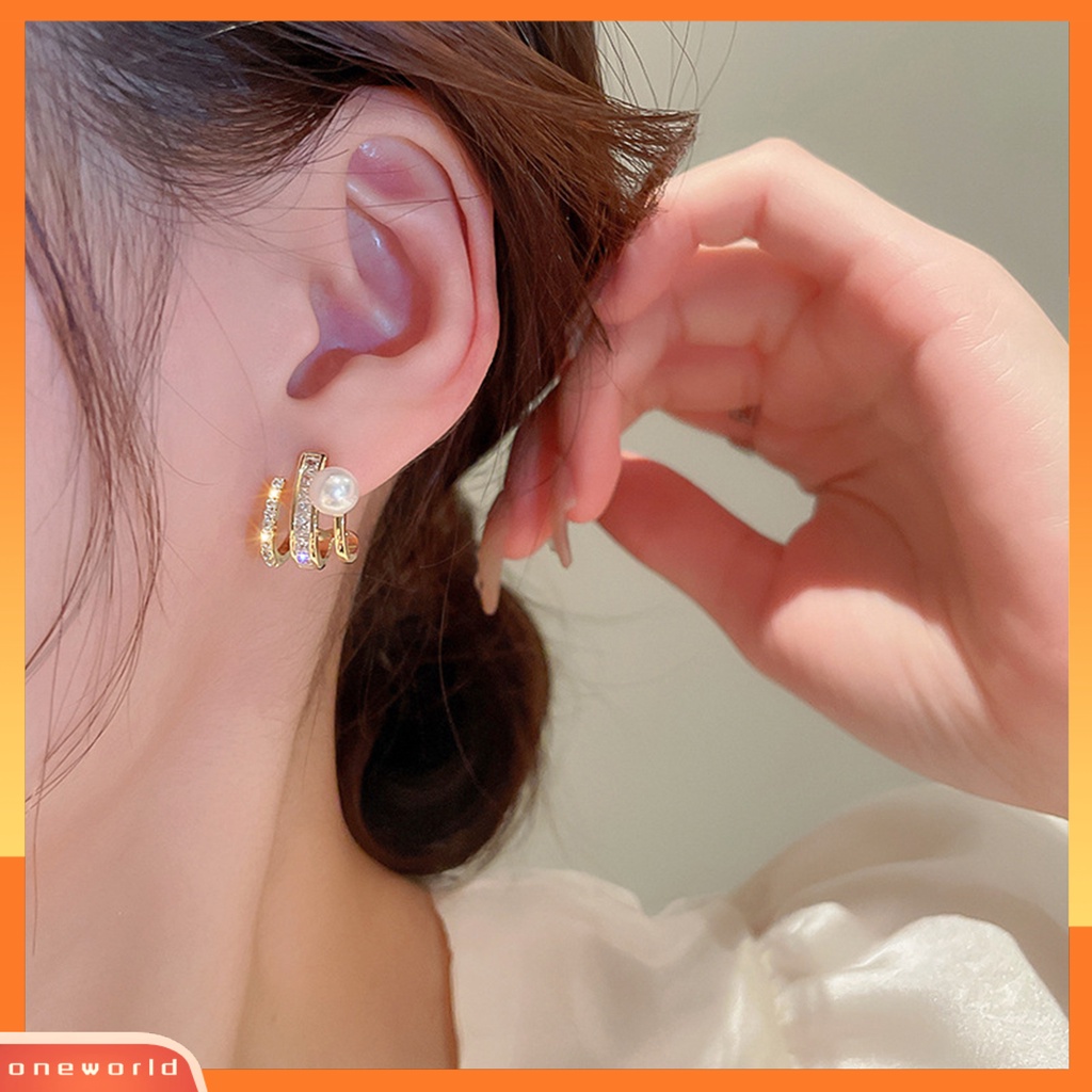 [EONE] 1pasang Ear Studs Temperamen Sederhana Mutiara Imitasi Mengkilap Berlian Imitasi Bertatahkan Berdandan Hadiah Yang Indah Wanita Tiga Cakar Baris Stud Anting-Anting Perhiasan Pesta Aksesori Busana