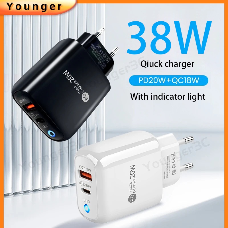 Adaptor Pengisian Cepat 38W PD+QC3.0 Dengan Lampu Led PD20W Dual Port Fast Charging Travel Charger Dengan Lampu Indikator