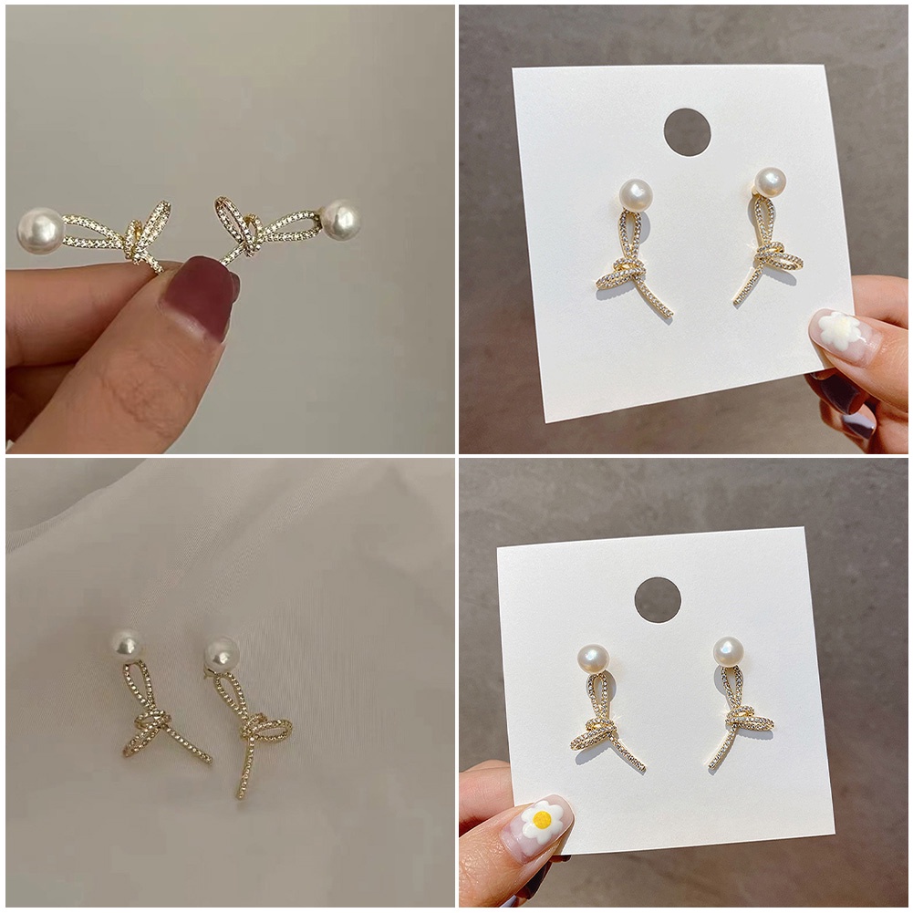 1pasang S925 Jarum Perak Korea Zirkon Anting Mutiara Untuk Wanita Gadis Temperamen Diikat Anting