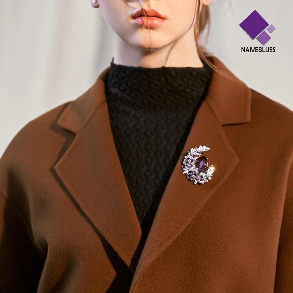 &lt; Naiveblues &gt; Bros Pin Elegan Temperamen Kristal Imitasi Mengkilap Hias Kilau Cerah Hadiah Wanita Bulan