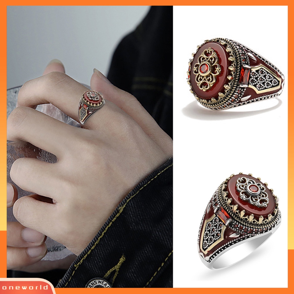 [EONE] Jari Cincin Aksesori Indah Batu Merah Retro Dua Warna Cincin Pria Perjamuan Perhiasan Hadiah Hadiah Hari Valentine