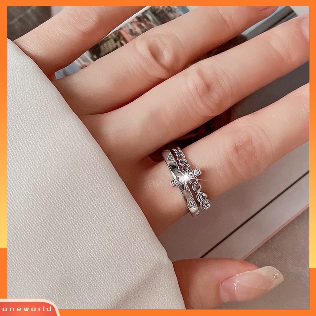 [EONE] Wanita Cincin Hip Hop Lapisan Ganda Hias Eye-catching Semua Pertandingan Hadiah Perhiasan Geometris Berlian Imitasi Bertatahkan Wanita Ladies Finger Ring Untuk Pacaran