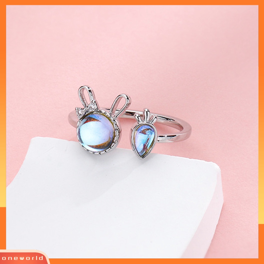 [EONE] Wanita Cincin Shiny Faux Moonstone Animal Element Adjustable Opening Design Hias Hadiah Kelinci Kecil Lobak Jari Cincin Perhiasan Pesta Untuk Pacaran