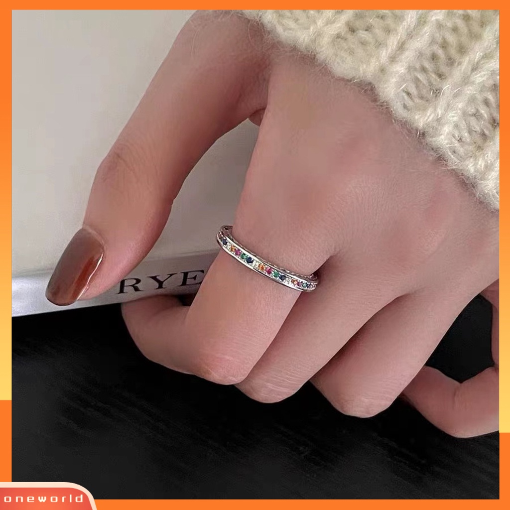 [EONE] Wanita Cincin Terbuka Dapat Disesuaikan Dipoles Warna Perak Pelangi Mengkilap Berlian Imitasi Bertatahkan Jari Cincin Fashion Perhiasan