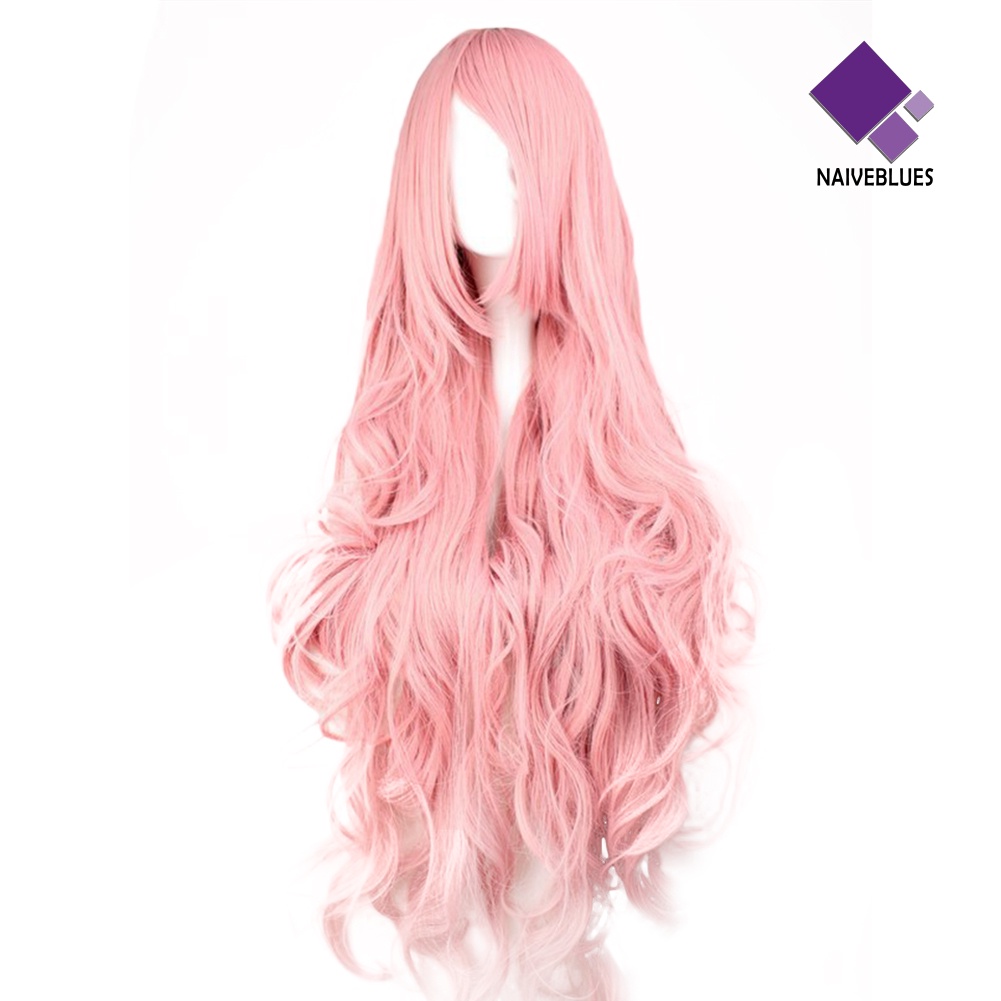 &lt; Naiveblues &gt; Wig Keriting Panjang Pink Alami Wanita Fashion Berbulu Untuk Pesta Cosplay