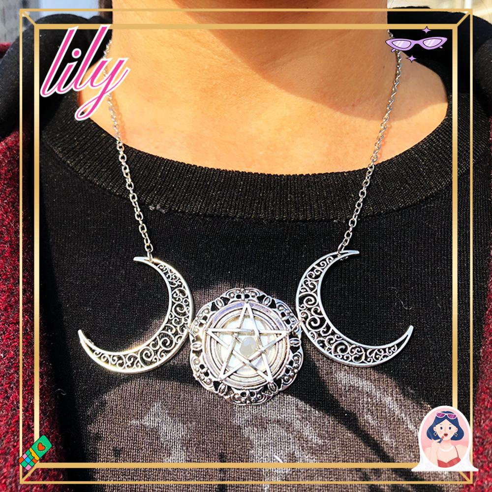 Lily Triple Moon Kalung Wanita Pagan Perhiasan Dewi Choker