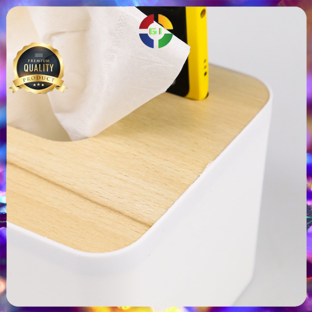 Kotak Tisu Kayu Tissue Box dengan Holder Smartphone White