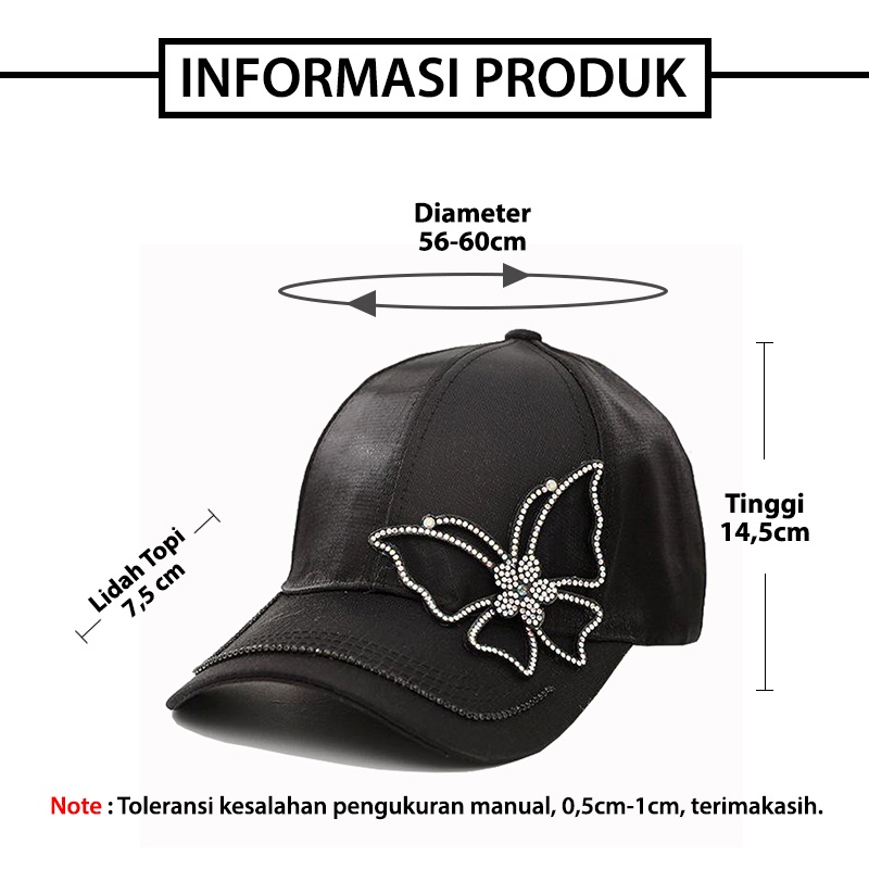 Topi Baseball Pria Wanita Korea Motif Kupu Kupu Manik Kristal Bahan Import Gaya Jepang Trend BSBF