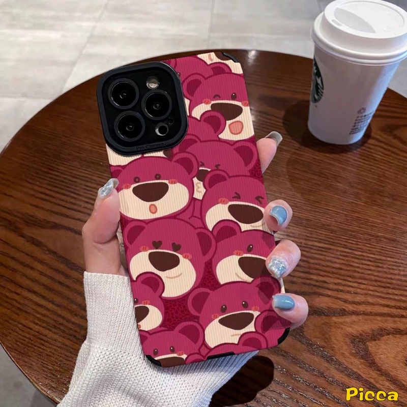 IPHONE Casing Ponsel Tekstur Kulit Mewah Kompatibel Untuk Iphone11Xr 7Plus 12 13 14 Pro Max7 8 Plus X XS MAX 7Plus Kartun Yang Indah Strawberry Bear Cute Manyo Shockproof Soft Silicon Cover