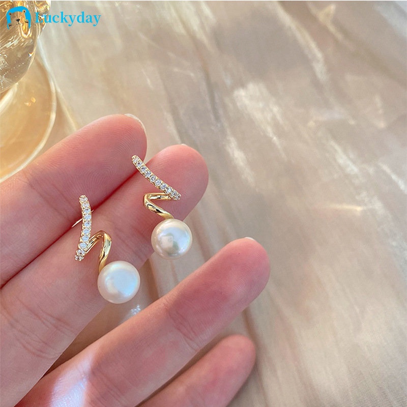 Yeezii Mutiara Emas Anting Tusuk Untuk Wanita Vintage Kristal Spiral Earring Aksesoris Perhiasan