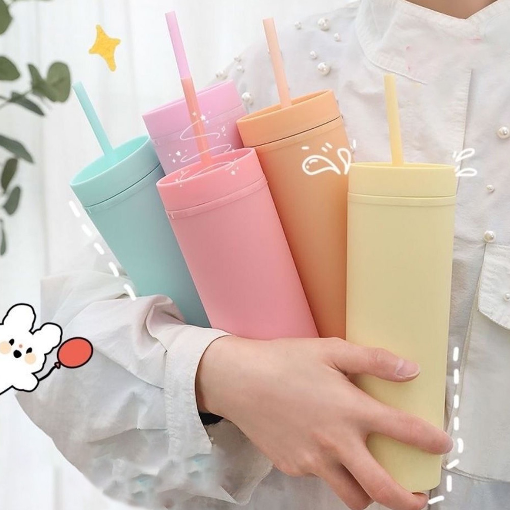 1pc Double-layer Botol Air Musim Panas Permen Warna Tabung Lurus Cangkir Minum Frosted Water Cup Dengan Sedotan