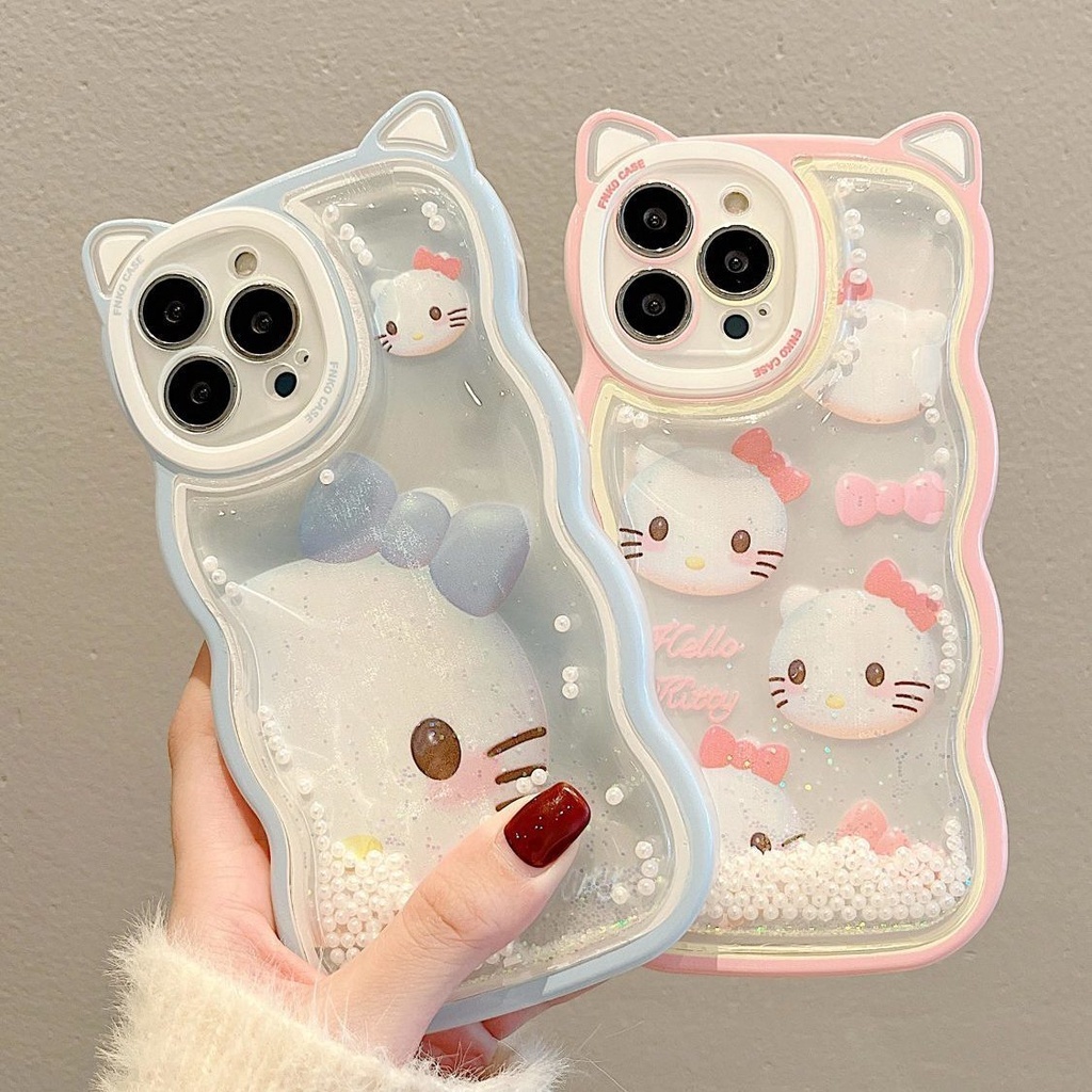 IPHONE Quicksand Telinga Kucing Pink Kitty Cats Desain Bentuk Gelombang Casing Ponsel Kompatibel Dengan Iphone12 13 14 11 Pro Max X Xs Max Xr Ddwws