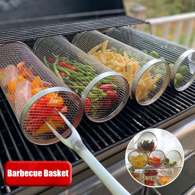 Stainless Steel Rolling Barbecue Mesh Basket Memanggang Keranjang Kawat Silinder Panggangan Sayur BBQ Basket Portable Bulat Outdoor Camping Barbekyu Rak Aksesoris Alat