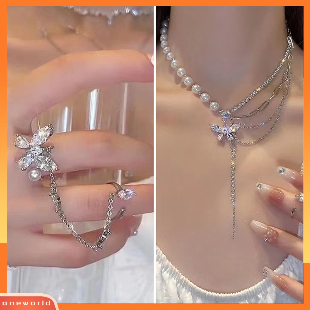 [EONE] Wanita Kalung Multi-Layer Mutiara Imitasi Link Rantai Splicing Berlian Imitasi Kupu-Kupu Jumbai Klavikula Kalung Jari Cincin Perhiasan Fashion