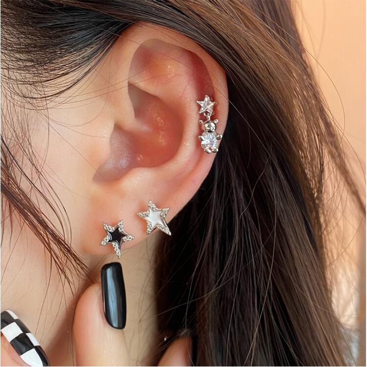 Roselife Y2K S925 Perak Putih Blackpink Zirkon Bintang Bulat Bola Sekrup Anting Untuk Wanita Perempuan Keren Fashion Double-end Telinga Tulang Tindik Stud Earring Gaya Perhiasan Aksesoris 1P Blackpink