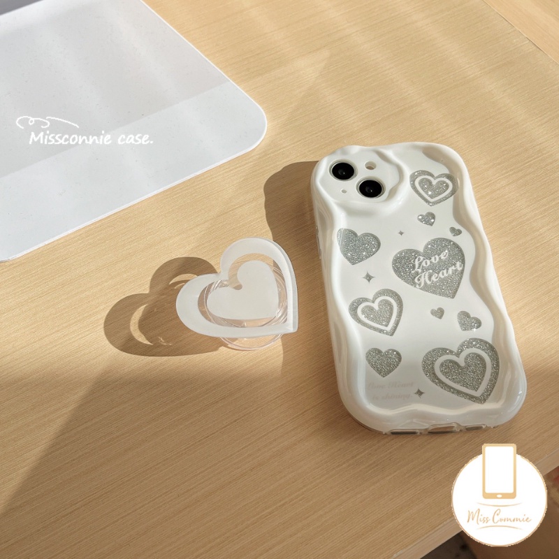 IPHONE Casing Ponsel 3D Wavy Curved Edge Glossy Kompatibel Untuk Iphone7 8 6s 6 Plus11 12 13 14 Pro Max XR X XS Max SE 2020 White Shiny Love Heart Shockproof Tpu Soft Cover