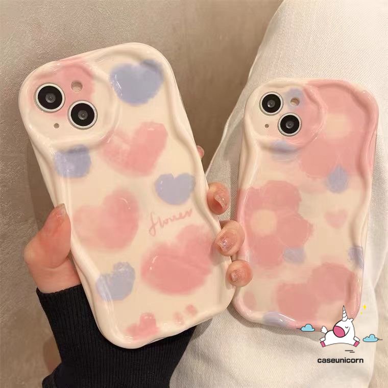 Casing Tepi Lengkung Bergelombang 3D Shockproof Kompatibel Untuk iPhone 7Plus 11 14 12 13 Pro Max XR X7 8 6s 6 Plus XS Max SE 2020 8Plus Pink Watercolor Flower Love Heart Soft Glossy Cover