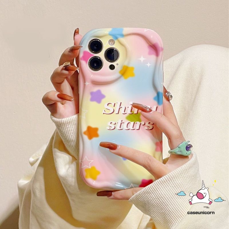 IPHONE Casing Belakang Warna-Warni Kompatibel Untuk Iphone7 8 6s 6plus11 14 12 13 Pro Max XR X XS Max SE 2020 7Plus 8Plus Kartun Bintang Huruf Shockproof Glossy 3D Wavy Curved Edge Soft Cover