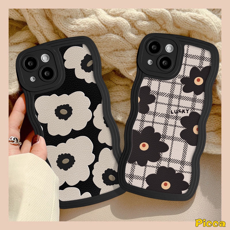 Casing Bunga Hitam Retro Kotak-Kotak Untuk Redmi Note 10s 11s 8 9 11 10 9s Pro Redmi 9C 9A 10C 12C A1 10A 9T 9 10 A1+Mi 11T Pro POCO M3 X3 NFC Pro Wavy Edge Soft Tpu Back Sarung