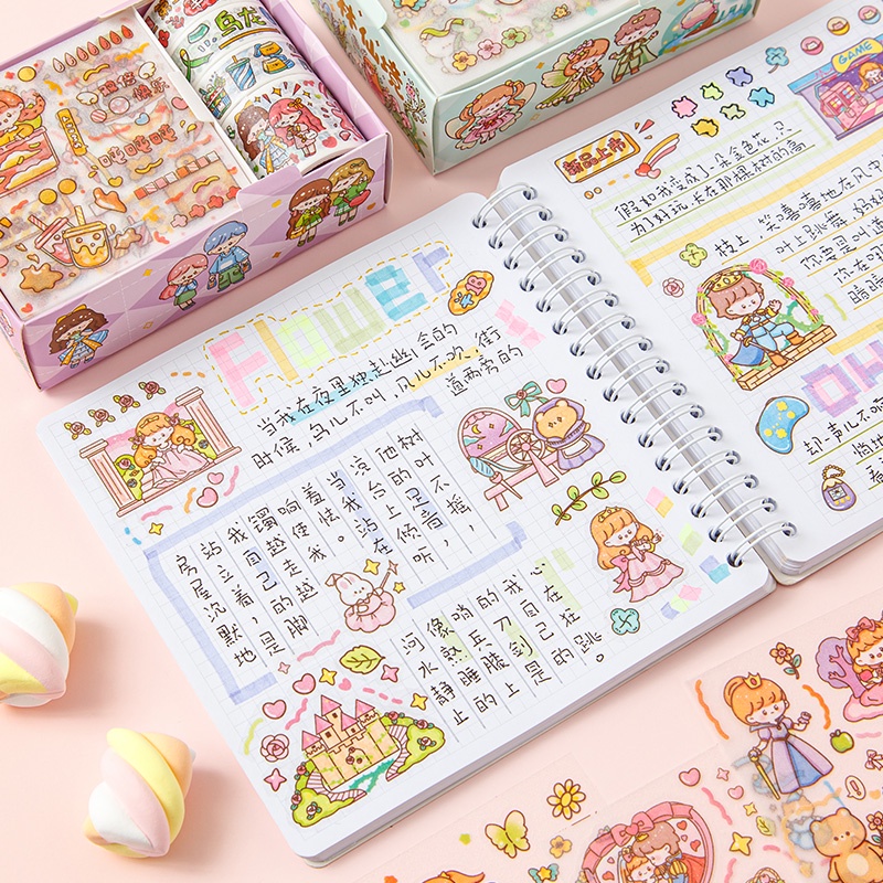 8pcs Kotak Kartun Jepang Buram Stiker Siswa Indah Diary Deco DIY Tape Stikers Set