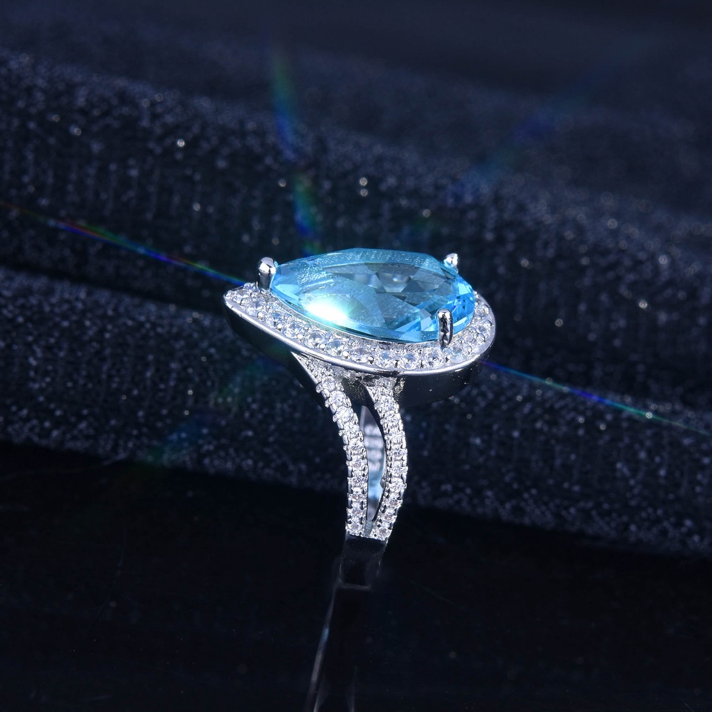 Goldkingdom Aksesoris Perhiasan Fashion Ready Stock Pertunangan Double Drop Pear-Berbentuk Santa Maria Aquamarine Ring