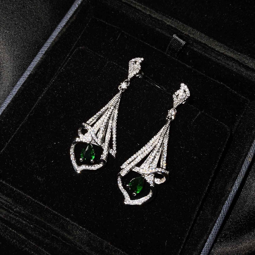 Goldkingdom Aksesoris Perhiasan Fashion Ready Stock Anting Rok Berlian Penuh Micro-diamond Natural Emerald Colorful Earrings.