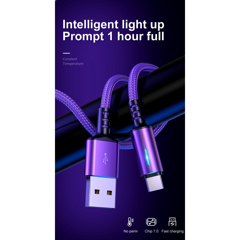 3a Kabel USB Tipe C 5A USB C Fast Charge Kabel Data Nylon Braided Charger USB Cable Untuk iPhone Huawei Realme Kabel Aksesoris Telepon Dengan Indikator LED
