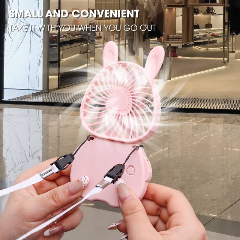 Kipas Genggam Bentuk Kelinci Dengan Lanyard Leher Gantung/ USB Rechargeable Foldable Desktop Mini Cooling Fan