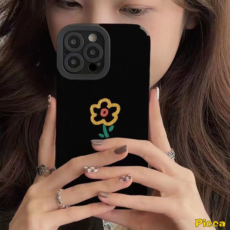 Ins Vintage Black Flowers Phone Case Kompatibel Untuk IPhone 14 Pro Max XR 7Plus 11 14 13 12 Pro Max X7 8 Plus XS Max Tulip Mewah Tekstur Kulit Lembut Silicon Back Cover