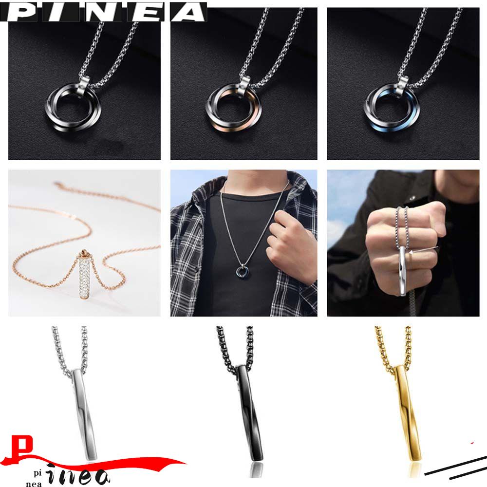 Nanas Kalung Baja Titanium Pria Baru Paduan Rantai Perhiasan Aksesoris Stainless Steel Spiral Kolom Punk Kalung Tiga Cincin Liontin Pendant Necklaces