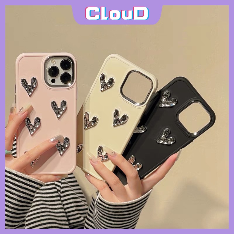 Casing Elektroplat Warna Permen Macaron Mewah Kompatibel untuk iPhone 11 13 14 12 Pro MAX 7Plus 8Plus XR XS MAX Sederhana Warna Solid 3D Cinta Pelapisan Hati Penutup Ponsel Lembut Persegi