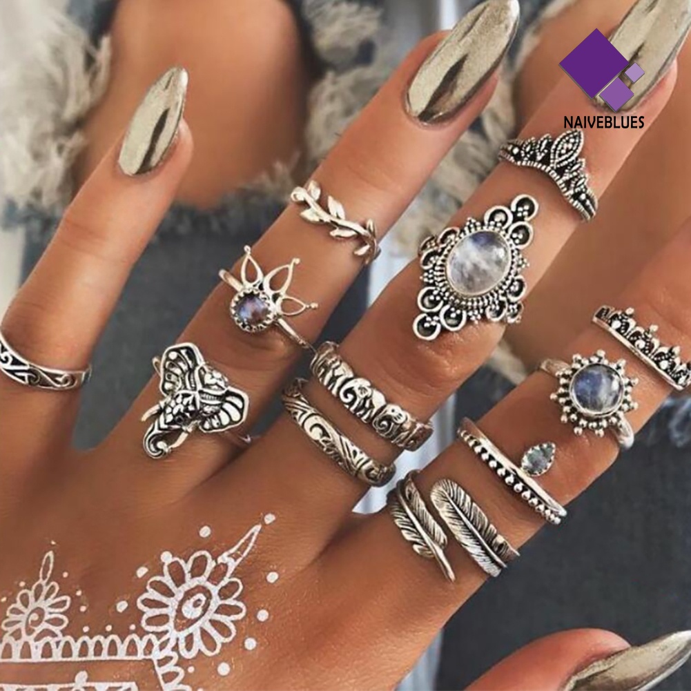 &lt; Naiveblues &gt; 12Pcs Wanita Vintage Boho Faux Gemstone Rhinestone Jewelry Buku Jari Rings