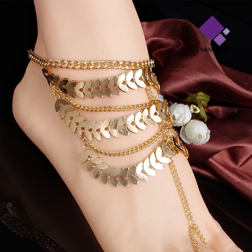 &lt; Naiveblues &gt; Gelang Kaki Rumbai Multi-Layer Anklet Golden Leaves Chain Toe Barefoot