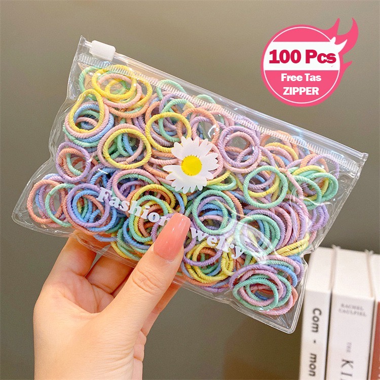 FREE POUCH isi 100 - Ikat Rambut / Karet Rambut Macaron Soft Colour / Kuncir Rambut Korea Warna Warni