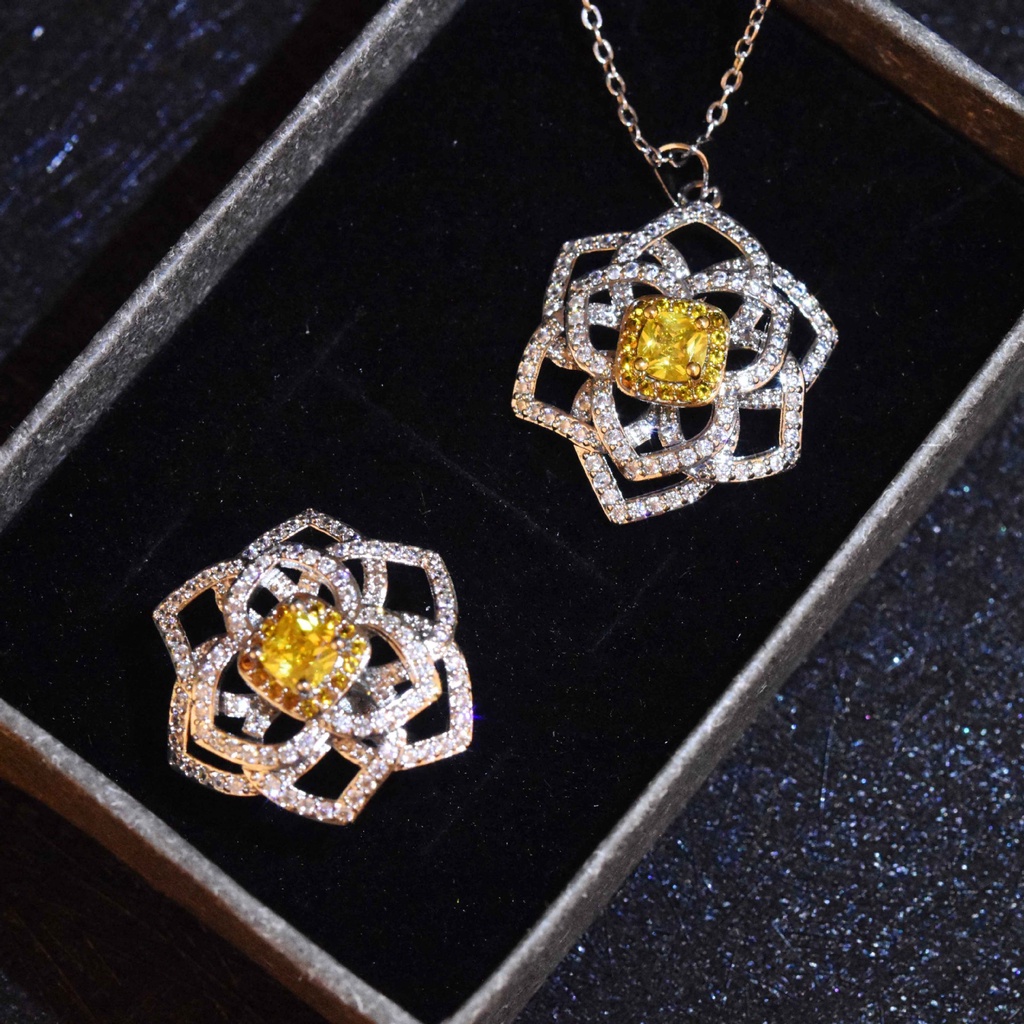 Goldkingdom Fashion Perhiasan Aksesoris Ready Stock Berlian Kuning Berongga Bunga Besar Kalung Micro-Hias Camelia Bunga Mawar Wanita &amp;#039; Set Cincin s