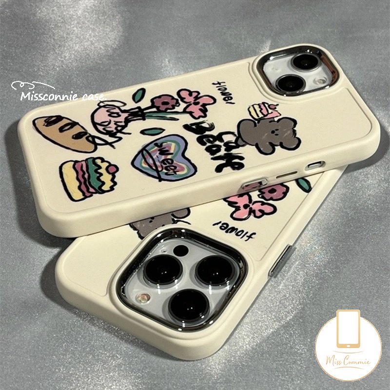 Graffiti Love Heart Soft Phone Case Kompatibel Untuk IPhone 7Plus XR 87 Plus X11 13 14 12 Pro Max 8Plus XS Max Beruang Lucu Hamburger Bunga Logam Bingkai Lensa Cover