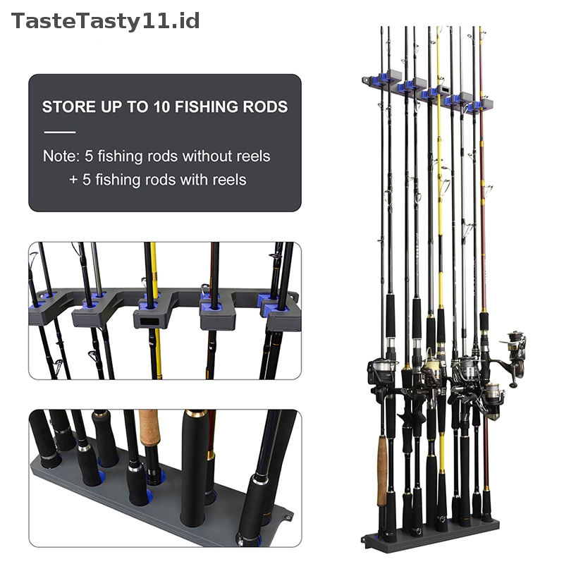 Tastetasty Fishing Rod Holder Rak Batang Dinding Vertikal Simpan Hingga 10batang Tempat Alat Penyimpanan Joran Pancing 4warna.