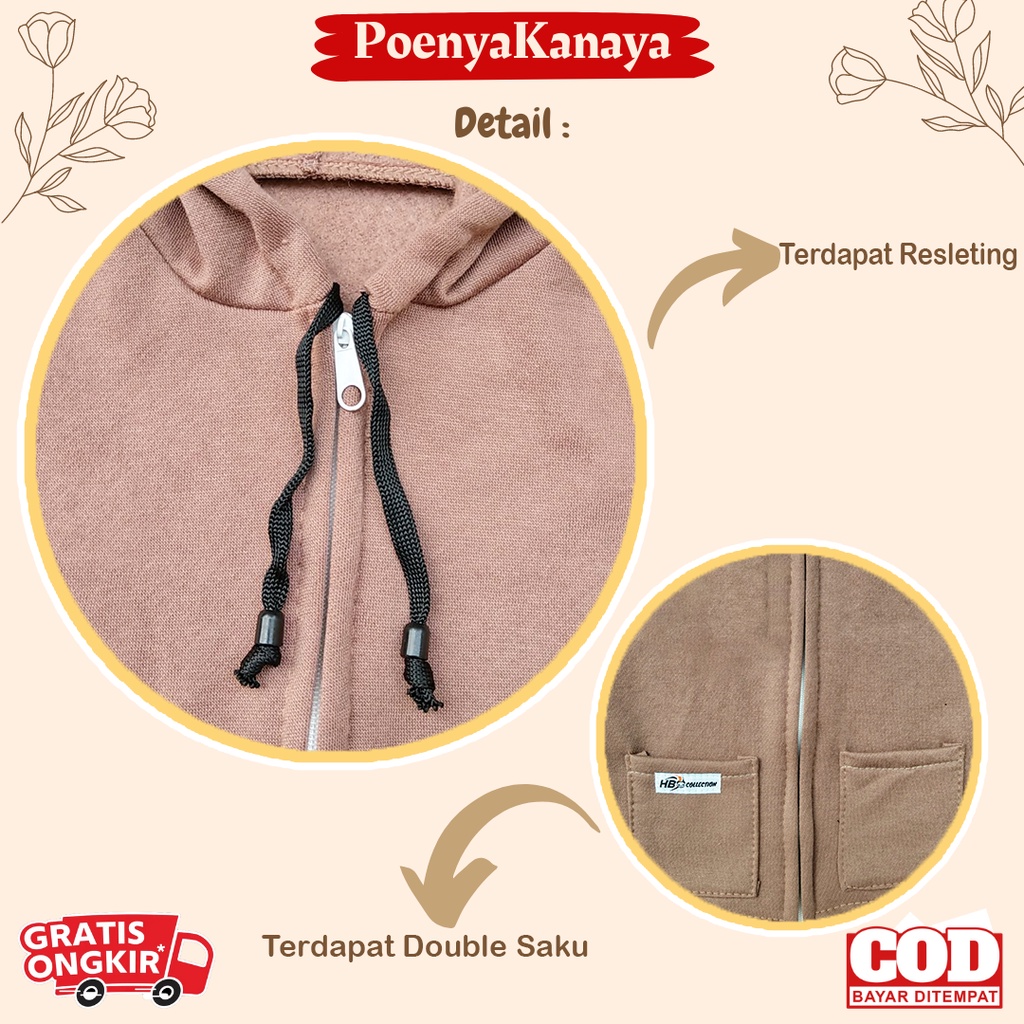 Jaket Bayi Anak fleece SAKU Resleting Kupluk Kepala POLOS HBc Size 6-18 Bulan JK09