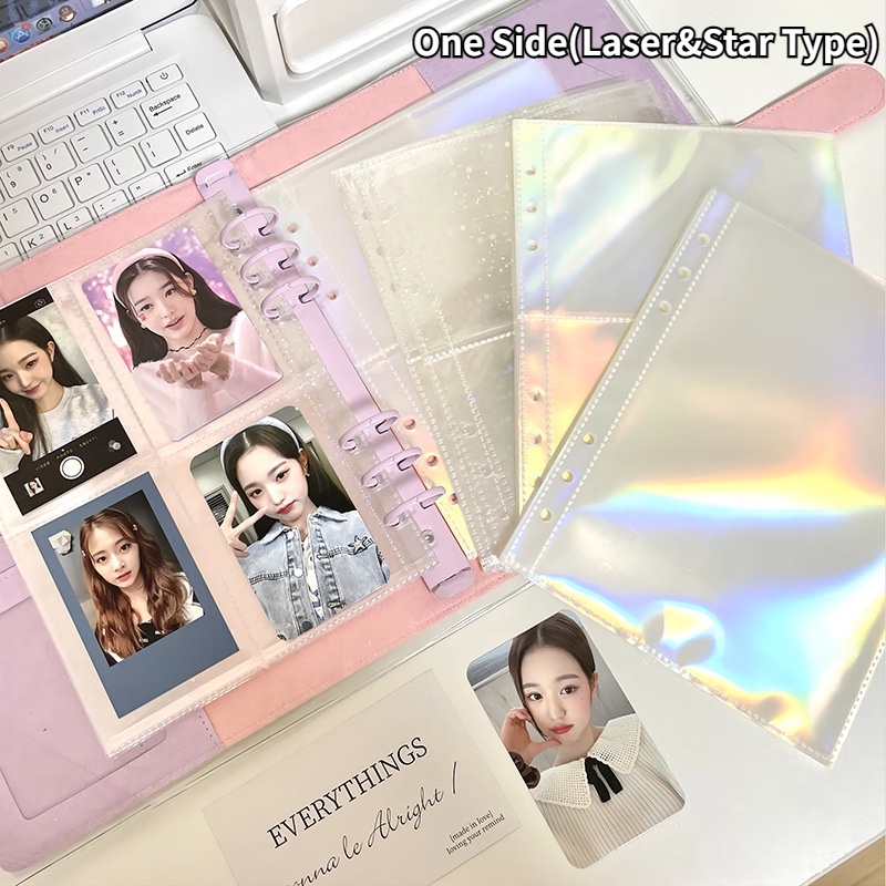 10pcs A5 Lengan Laser Universal PP Halaman Dalam Hati/Bunga/Star/Pelangi Pola Photocard Sleeves Binder Album Halaman Isi Ulang Penyimpanan Koleksi Kartu Idola