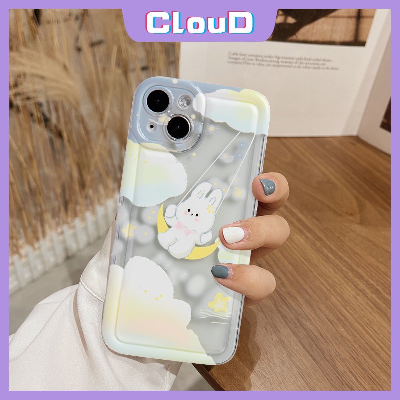 IPHONE Fantasy Starry Clouds Rabbit Couples Case Kompatibel Untuk Iphone11 13 14 12 Pro MAX XR 7 6 6S 8plus X XS MAX 7Plus SE 2020 Lembut Bening Shockproof Airbag Lucu Snowball Rabbit Cover