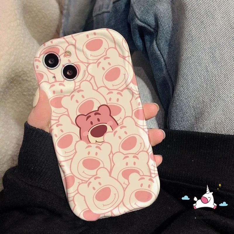 Cute Strawberry Bear 3D Wavy Curved Edge Case Untuk Redmi 9C 9T 10C 10 9A 9 10A 9C NFC A1 A2 Note10 11 10s 11s 10Pro 10 Pro Max Plus POCO M3 Cute Kartun Beruang Garis Lembut Tpu Cover