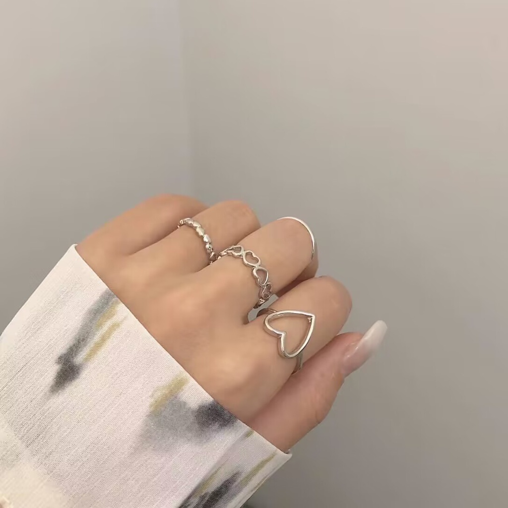 4pcs/set Cincin Silver Simple Set Cincin Hollow Hati Untuk Aksesoris Perhiasan Wanita