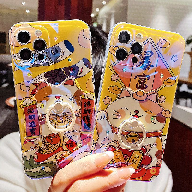IPHONE Dapatkan Rich Jelly Glitters Lucky Cat Dengan Ring Holder Desain Phone Case Kompatibel Dengan Iphone12 13 14 11 Pro Max X Xs Max Xr Ffdsx